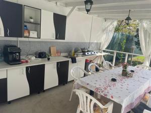 a kitchen with a table and chairs and a window at Vila B&P in Costinesti