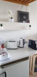 eine Küchentheke mit weißen Regalen und Geräten darauf in der Unterkunft Anzère Studio 2-4 personnes in Anzère
