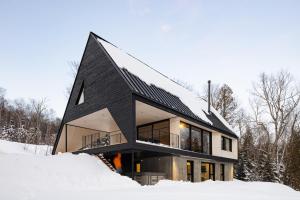 a house with a black roof in the snow at Cabine A in Petite-Rivière-Saint-François