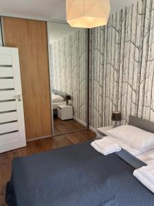 a bedroom with a bed and a mirror at Sosnowe Apartamenty - Marina in Augustów