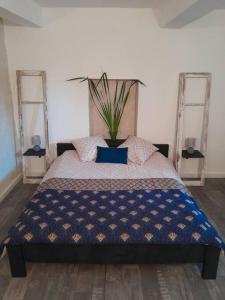 een slaapkamer met een bed met een potplant erop bij Appartement dans Mas Provençal in Châteaurenard