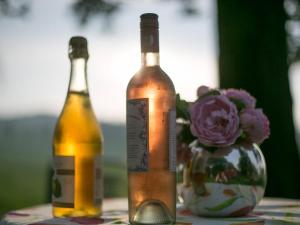 duas garrafas de vinho numa mesa com um vaso de flores em Bauwagen unterm Birnbaum em Lennestadt