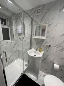 a bathroom with a shower and a toilet and a sink at Luxury Detached Studio Apartment in Luton in Luton