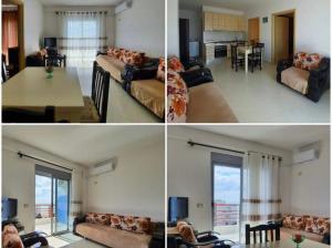 4 verschillende uitzichten op een woonkamer en een keuken bij BEACH FRONT RIEM in Durrës