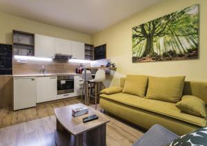 a living room with a couch and a kitchen at FLEXIHOME SK - Trieda SNP - private parking spot in Košice