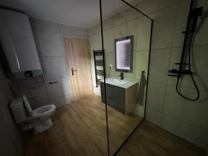 e bagno con servizi igienici, lavandino e doccia. di Welness chata pod Sitnom a Banská Štiavnica