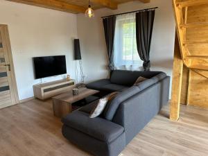 ein Wohnzimmer mit einem Sofa und einem TV in der Unterkunft Welness chata pod Sitnom in Banská Štiavnica