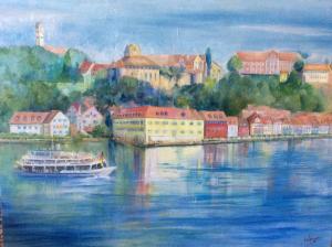 a painting of a river with a boat in the water at Gästehaus am Lindenweg in Meersburg