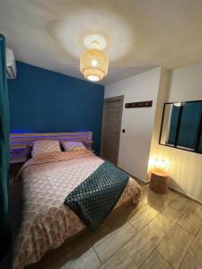 1 dormitorio con cama y pared azul en MonÉTOILE charmant bas de villa, en Sainte-Marie