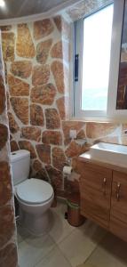 Casa Bella a Skala 3 في سكالا كيفالونياس: حمام حجري مع مرحاض ومغسلة