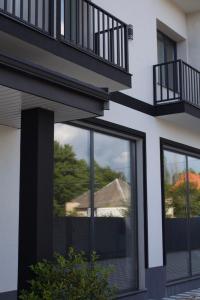 un bâtiment avec fenêtres et reflet d'une maison dans l'établissement Forsage Hotel, à Oujhorod