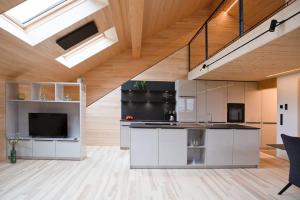 Bregenzerwälder Appartements Familie Fink في أنديلسبوخ: مطبخ مفتوح مع أجهزة ستانلس استيل وسقوف خشبية