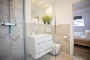 温特贝格Welcome in - Appartement Winterglück, prachtige omgeving, ski- en fietsberging的浴室里有马桶、洗手池和淋浴。 更多25张照片