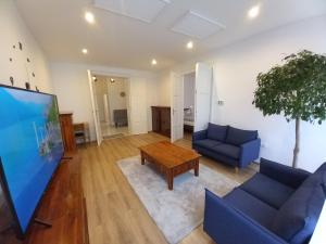 uma sala de estar com dois sofás azuis e uma televisão em Korvin One Apartman em Pápa