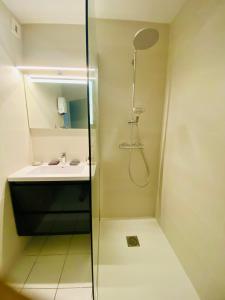 a bathroom with a shower and a sink at ''Croisette'' Appartement rez de jardin accès direct plage ! in Sète