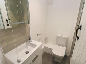 a white bathroom with a toilet and a sink at Primrose Cottage in Tenby +16 photos