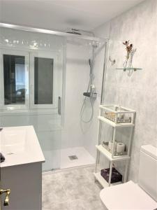 a bathroom with a shower and a toilet and a sink at Apartamento Parque - Playa San Lorenzo in Gijón