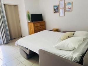 a bedroom with a bed with white sheets and a television at Studio T1 Bis , 4 couchages in Arreau