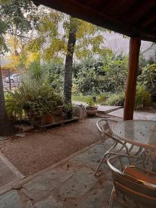 un patio con mesa, sillas y plantas en LA CASITA DE ELENA, casa dos habitaciones totalmente equipada, centro de Lujan de Cuyo, MENDOZA en Luján de Cuyo
