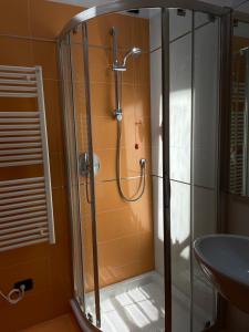 a bathroom with a shower and a sink at Residence Alexandra Stay in Sirmione