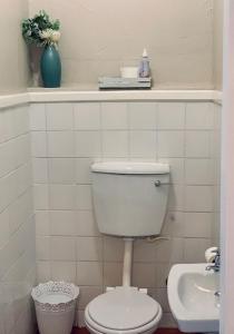 La salle de bains blanche est pourvue de toilettes et d'un lavabo. dans l'établissement Houdenbek Farm Cottages, à Ceres