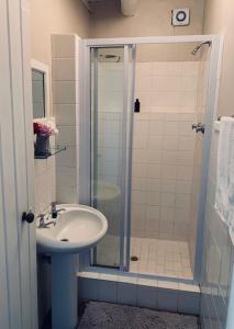 La salle de bains est pourvue d'un lavabo et d'une douche. dans l'établissement Houdenbek Farm Cottages, à Ceres