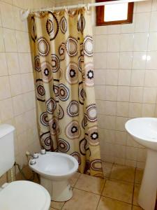 a bathroom with a toilet and a shower curtain at Cabañas Troncos Del Salto in Potrerillos