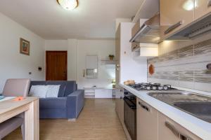 Appartamento Dafne B1 - MyHo Casa في مارتينسيكورو: مطبخ وغرفة معيشة مع أريكة زرقاء