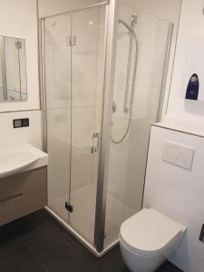 een badkamer met een douche, een toilet en een wastafel bij Joanna Apartment- MA City 1 in Mannheim