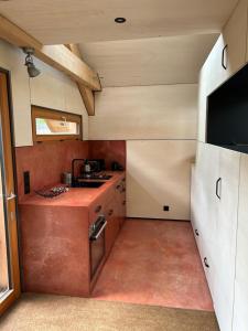 een kleine keuken met een wastafel en een tv bij Le Cabanon in Saint-Jorioz