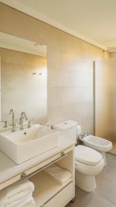 a bathroom with a sink and a toilet and a mirror at La Madrina Apart Hotel in Tafí del Valle