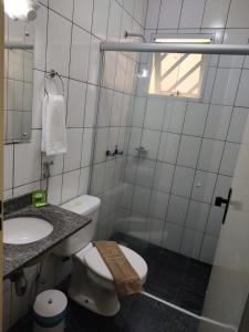 een badkamer met een toilet, een wastafel en een douche bij BIGS HOTEL in Penápolis