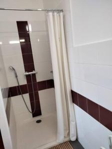 ein Bad mit Dusche und Duschvorhang in der Unterkunft Gîte de groupe 2 à 12 personnes in Guillon