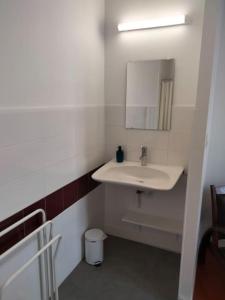 un bagno bianco con lavandino e specchio di Gîte de groupe 2 à 12 personnes a Guillon