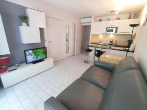 uma sala de estar com um sofá e uma televisão em Appartement familial, terrasse, piscine et parking em La Grande-Motte