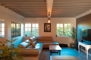 Dommartin的住宿－Villa des gones，客厅配有沙发和桌子