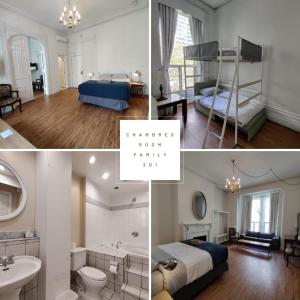 蒙特婁的住宿－Ambrose House & Cafe - SELF CHECK-IN GUESTHOUSE，一张床铺和一间浴室的卧室照片拼在一起