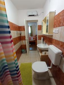 een badkamer met een toilet en een wastafel bij Szieszta Vendégház in Sárospatak