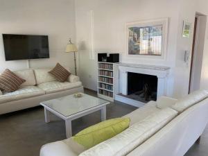 sala de estar con sofá y chimenea en Casa con Jardín y Parrilla en Federación