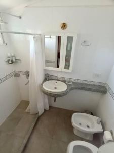 a bathroom with a sink and a toilet and a mirror at Casa con Jardín y Parrilla in Federación