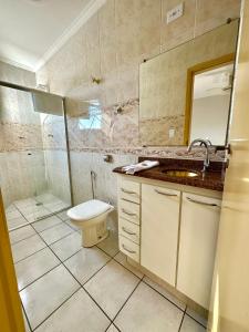 a bathroom with a toilet and a shower and a sink at Apartamento 32 no centro de Águas de São Pedro in Águas de São Pedro