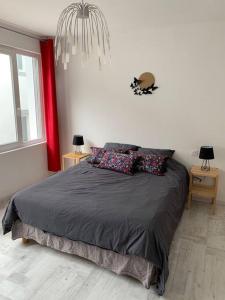 een slaapkamer met een groot bed met kussens erop bij Loft, appartement in Morbier