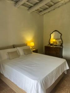 a bedroom with a white bed with two lamps and a mirror at CAN MANYANA in Riudarenes