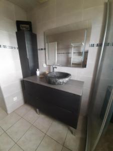 uma casa de banho com um lavatório preto e um chuveiro em ISA ET LIO em Chavanod