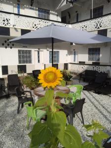 un girasol sentado frente a una mesa con un paraguas en Hotel Minca Express Relax en Minca