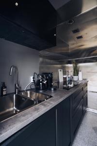 a kitchen with a stainless steel sink and black cabinets at Golden Circle Truck Hotel in Selfoss