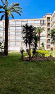 a large building with palm trees in front of a park at Apartamento Boutique en la Playa in La Pineda