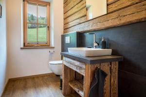a bathroom with a sink and a toilet at Valentin36 Apartment Ritten in Funes