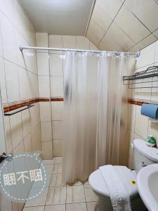 bagno con tenda per la doccia e servizi igienici di SleepOrNo a Jinning