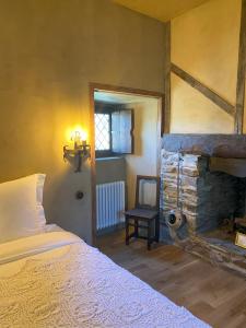 a bedroom with a bed and a stone fireplace at Le Château de Cambiaire in Saint-Étienne-Vallée-Française
